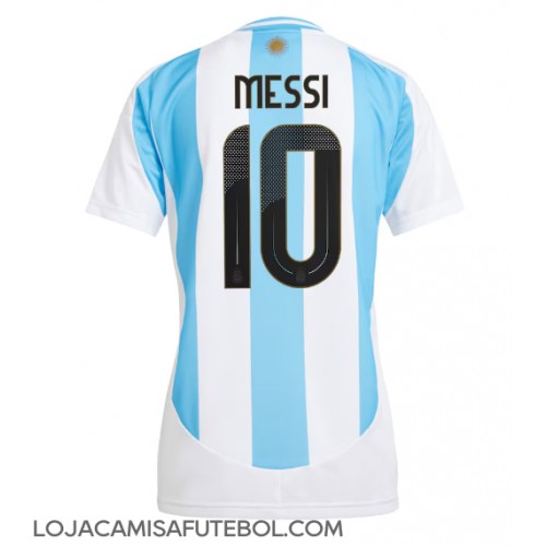 Camisa de Futebol Argentina Lionel Messi #10 Equipamento Principal Mulheres Copa America 2024 Manga Curta